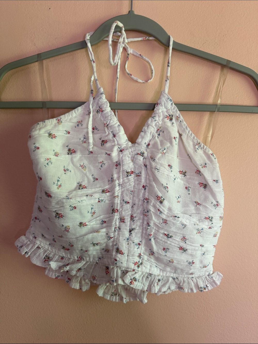American Eagle Outfitters White Floral Halter Ruffle Crop Top